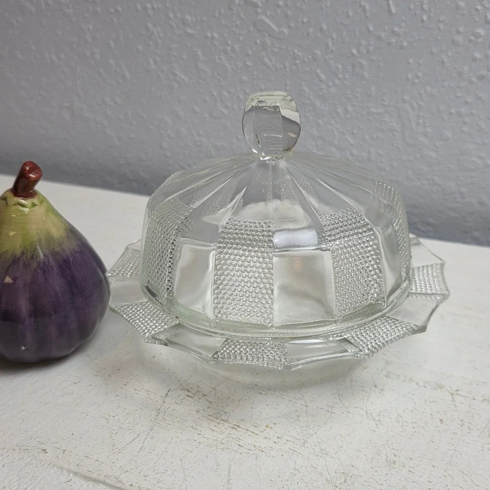 Vintage Jeannette 'Dewdrop' Clear Pressed Glass Butter Dish & Lid Art Deco Style